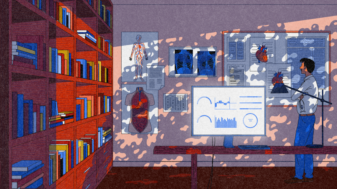 Illustration of a person standing on a platform studying medical data visualisations and anatomical diagrams displayed on screens, with a red brick building filled with colourful books visible to the left