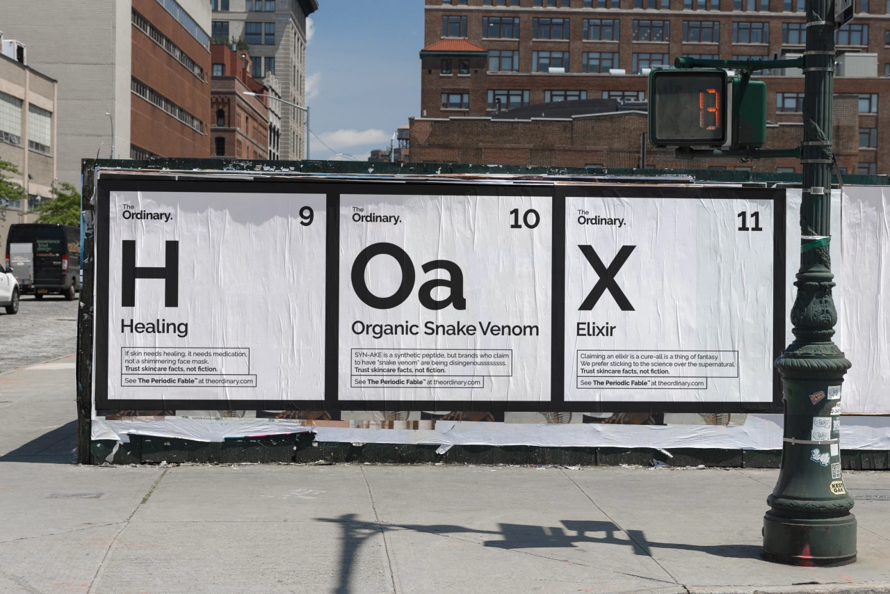 Periodic table-style parody showing elements 9, 10 and 11 labelled H (Healing), Oa (Organic Snake Venom) and X (Elixir), mocking beauty industry buzzwords