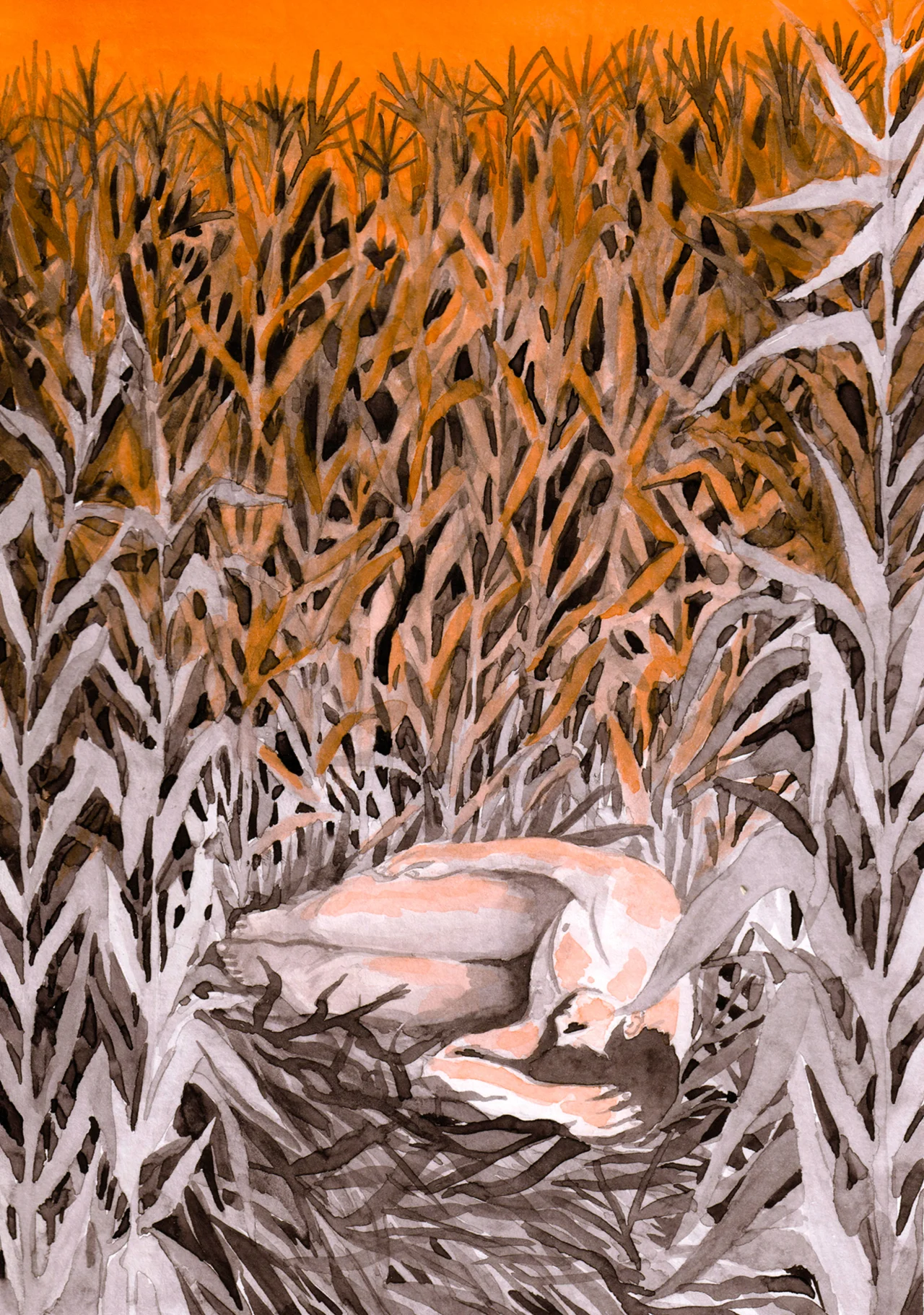 Figure reclining in a dried maize field with orange sky above, painted in soft watercolours with muted tones