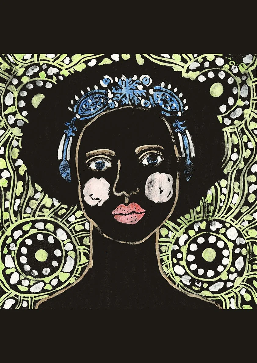 Helen Appio is inspired by the talismanic iconography of traditional West African Adire textile designs.
