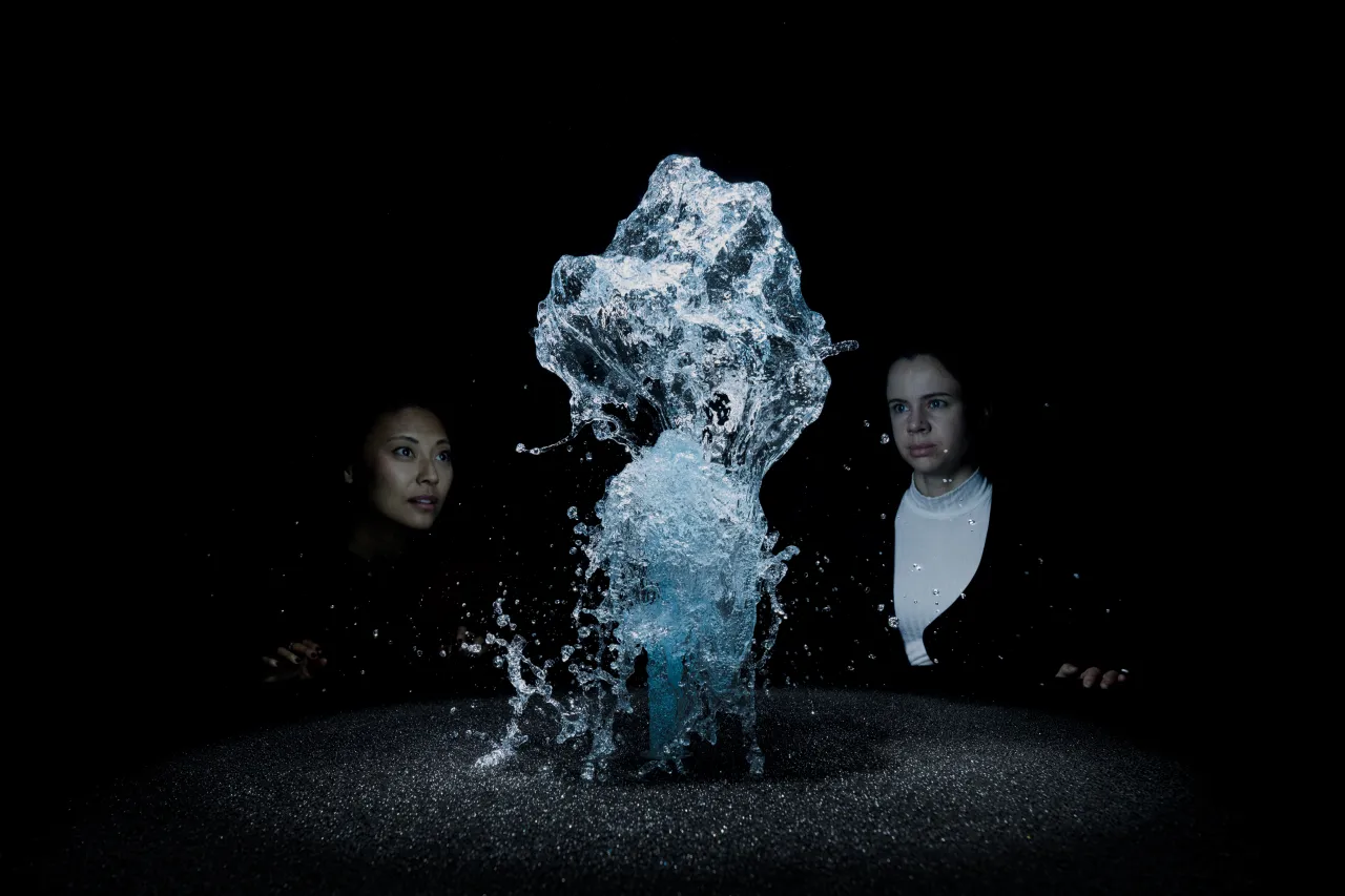Big Bang Fountain, 2014  Water, strobe light, pump, nozzle, stainless steel, wood, foam, plastic, control unit, dye  1650 x 1600 x 1600 mm  Installation view at Moderna Museet, Stockholm 2015  Photo: Anders Sune Berg  Courtesy of the artist; neugerriemschneider, Berlin; Tanya Bonakdar Gallery, New York/Los Angeles © 2014 Olafur Eliasson