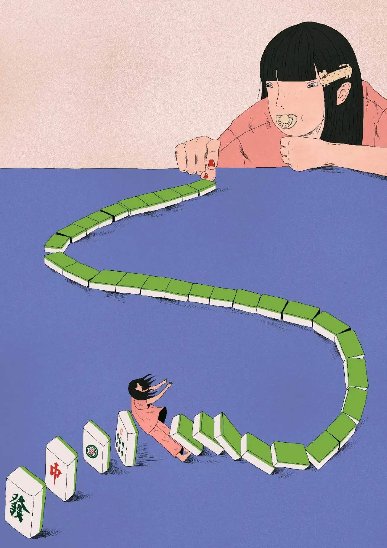 A woman with black hair and a pink shirt manipulates a green domino chain with a tiny figure trapped within its curved path on a blue background.