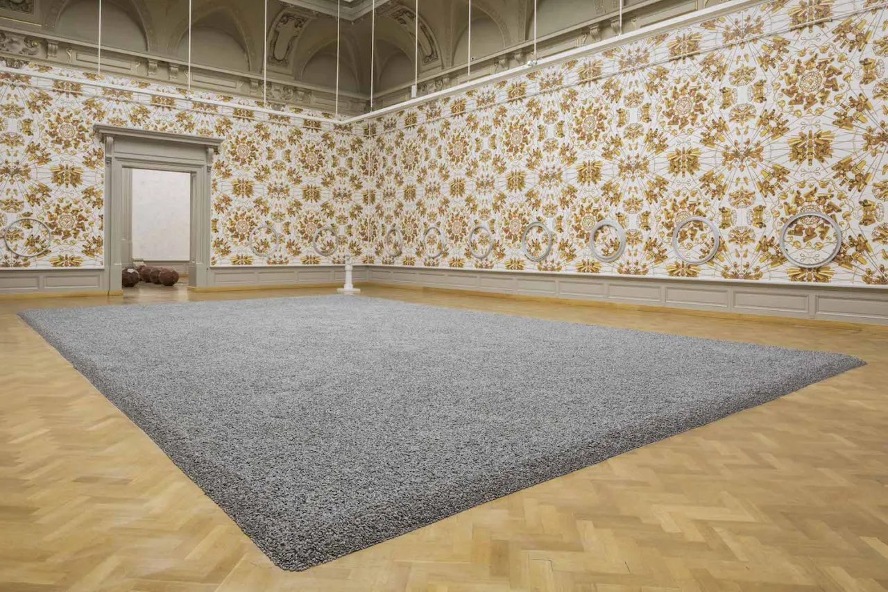 Sunflower Seeds, 2010, hand-painted porcelain, 12 x 8 x 0.1 cm and The Animal That Looks Like a Llama but is Really an Alpaca, 2015, wallpaper, variable sizes © Studio Ai Weiwei