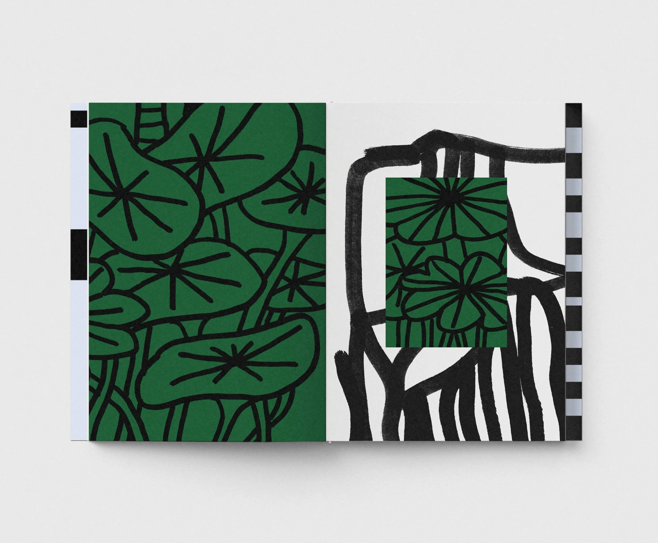 Two book spreads from Gone with the Clouds featuring green panels with black linear leaf patterns and abstract black organic shapes on white backgrounds