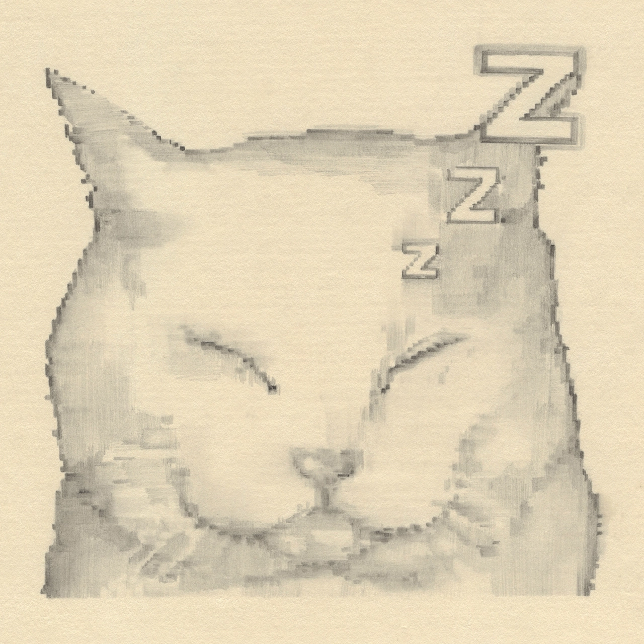 Pencil drawing of a sleeping cat's face with Z characters floating above its head indicating sleep