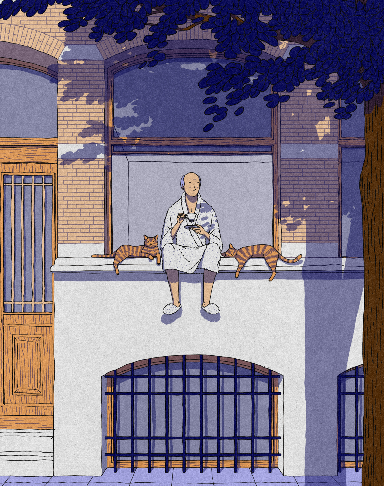 Man sitting on apartment window sill holding a cat, with another tabby cat beside him, ivy overhead and city street below