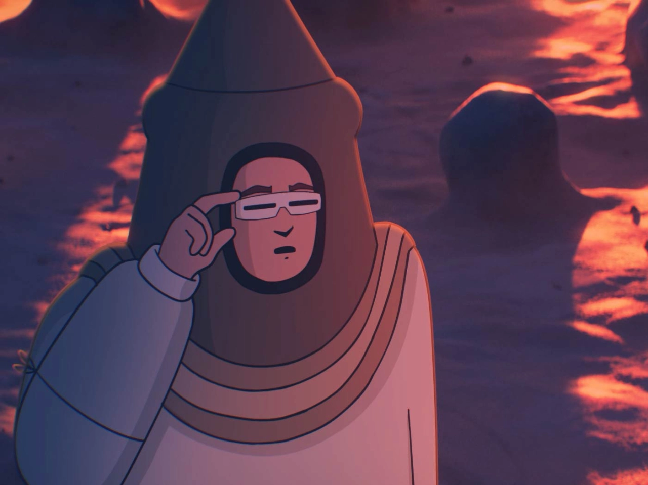 Animated character wearing oversized glasses and a hooded garment against a fiery orange and purple sky backdrop