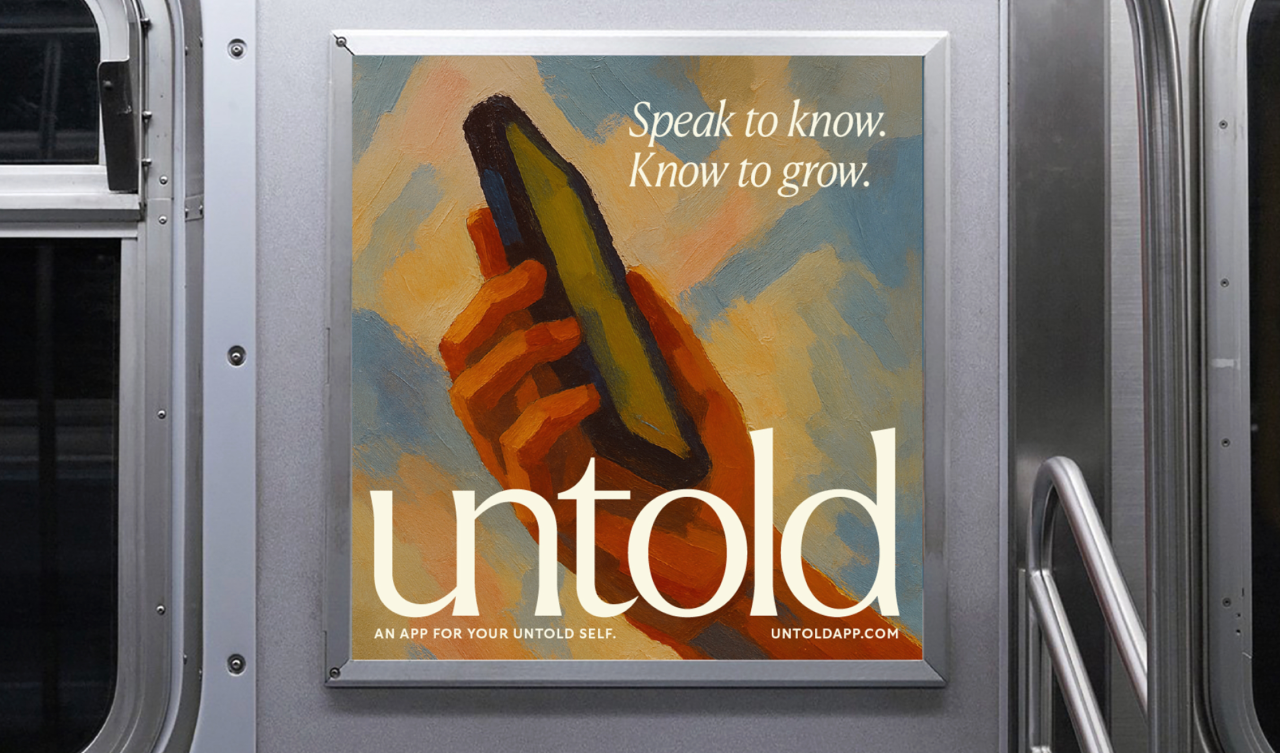 A subway car advert showing a painted hand holding a phone, with the tagline "Speak to know. Know to grow."