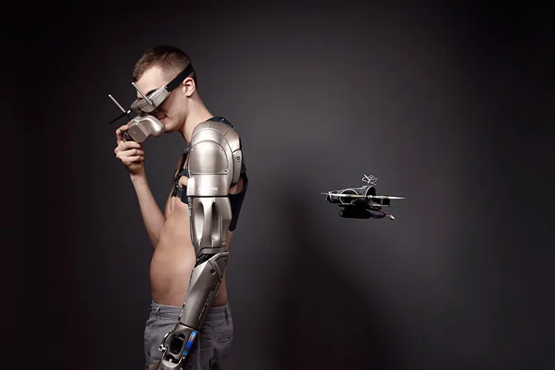 James Young, a speaker and Biological Science graduate with his bionic limb. Photo by Omkaar Kotedia. Sponsored by  Konami  co -created with GTR racing, Open bionics and others.