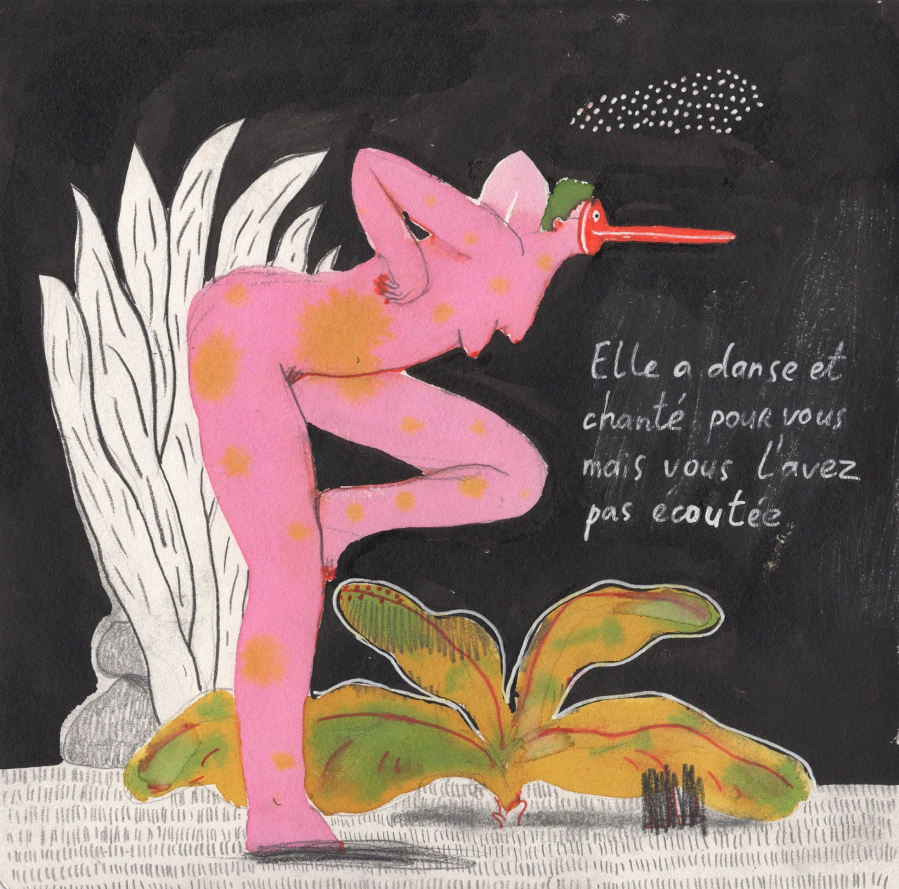Pink figure with spotted pattern striking a dynamic pose beside white feathered wings and golden plants, holding a small green bird, with French text on black background