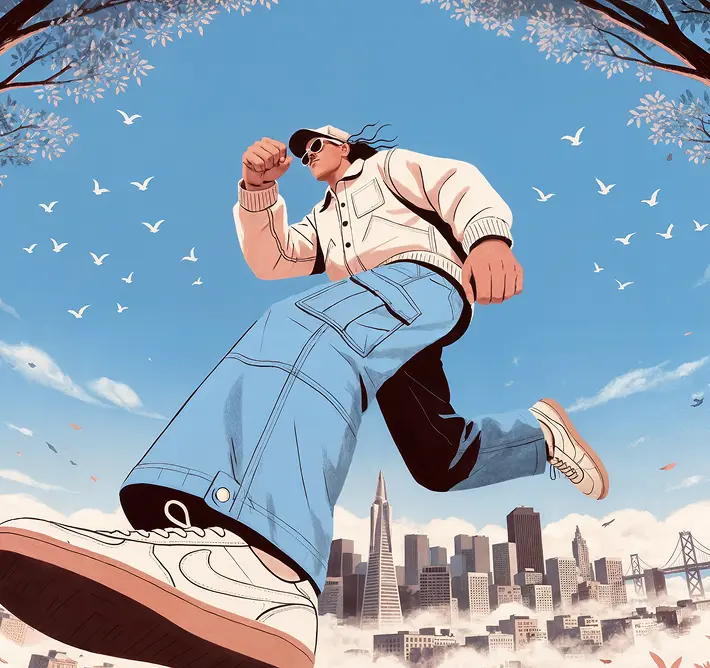 Illustrated man in cream jacket and light blue jeans jumping mid-air against a blue sky with flying birds, city skyline visible below