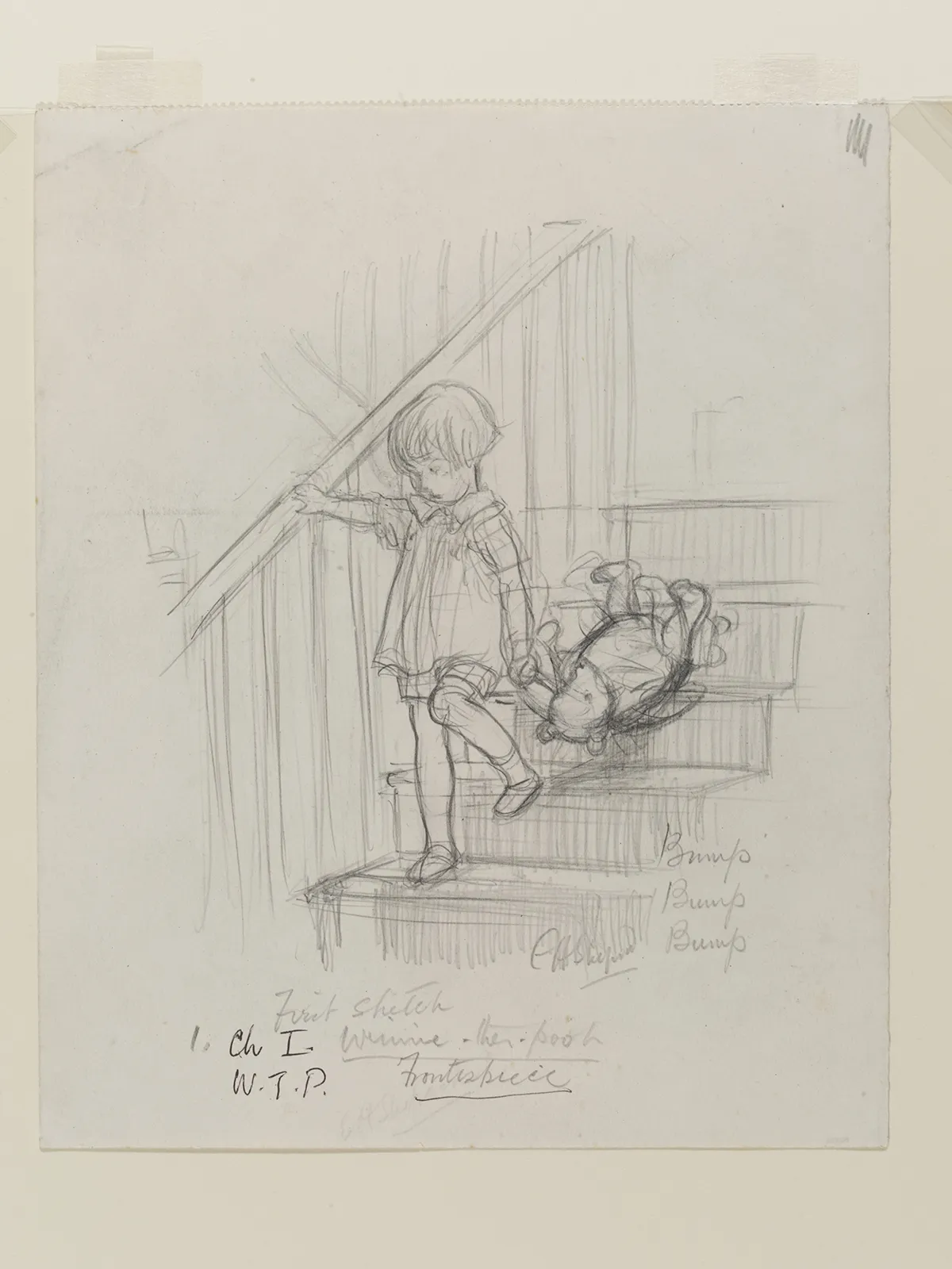 'Bump, bump, bump', Winnie-the-Pooh chapter 1, pencil drawing by E. H. Shephard, 1926. © The Shepard Trust, reproduced with permission from Curtis Brown
