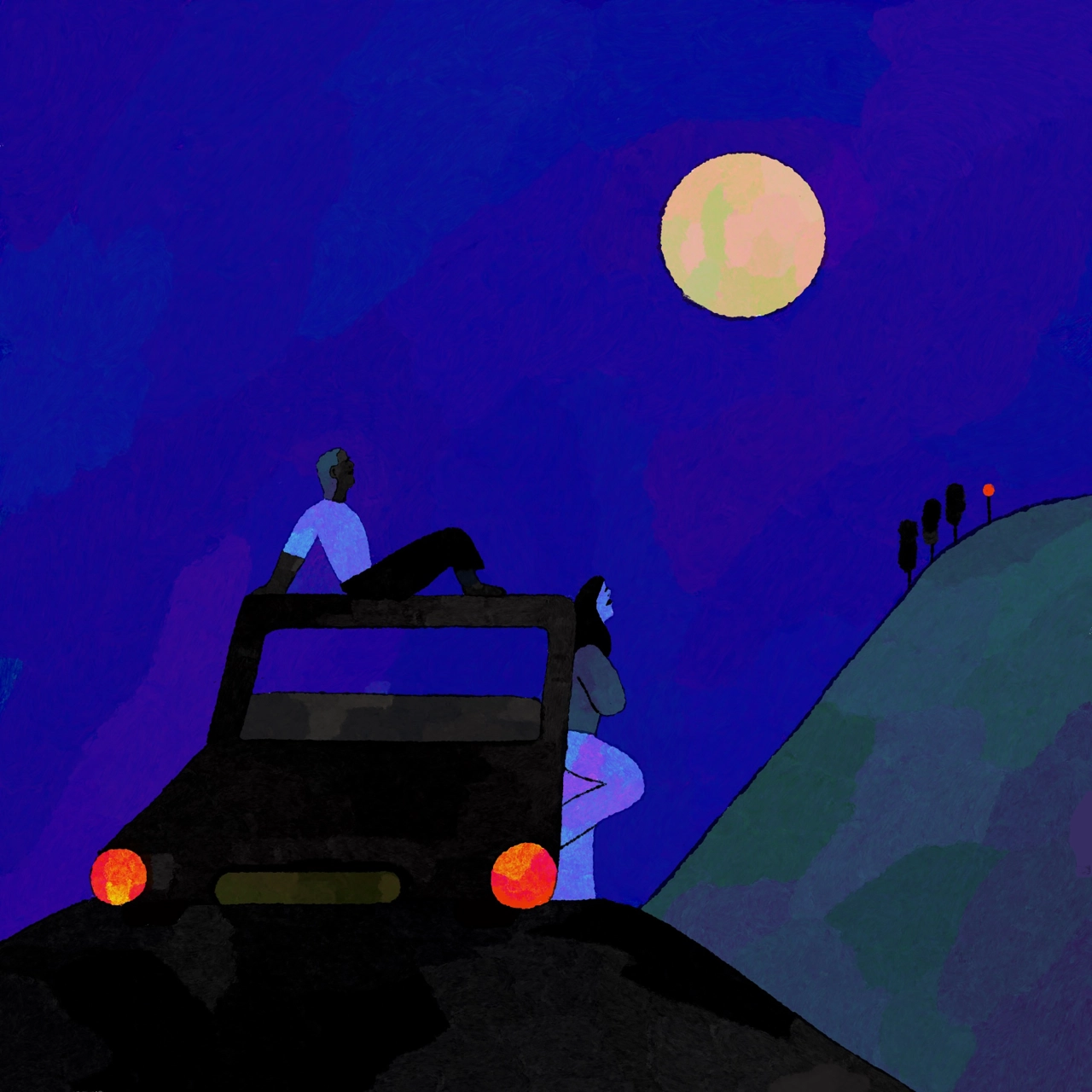 Two figures sit on a black car with glowing red headlights under a large pale moon in a deep blue night sky, with hills visible on either side