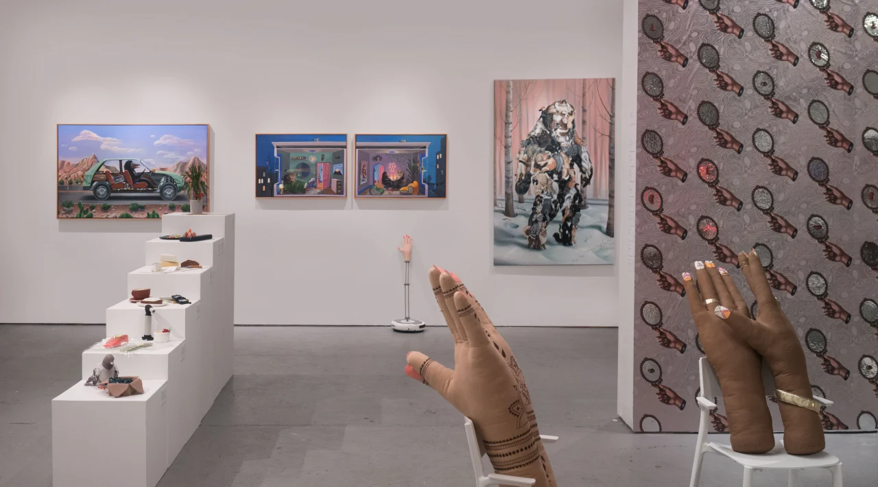 My paintings and wallpaper on the walls and Mimi’s soft sculpture in the foreground, photo by Paul Trillo, 2018