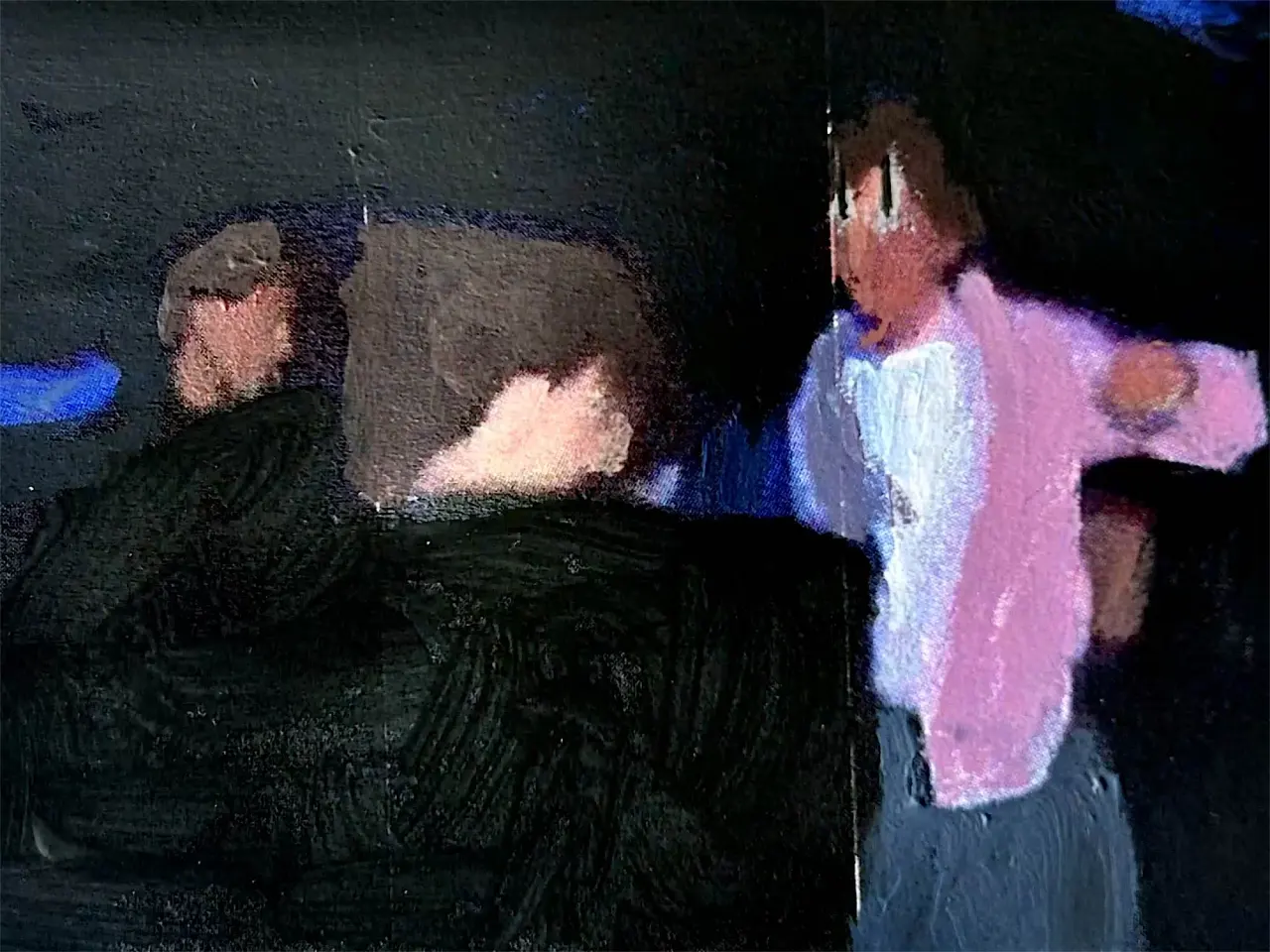 Two figures dancing in a club setting, painted in bold strokes with vibrant pink and blue neon lighting against a dark background