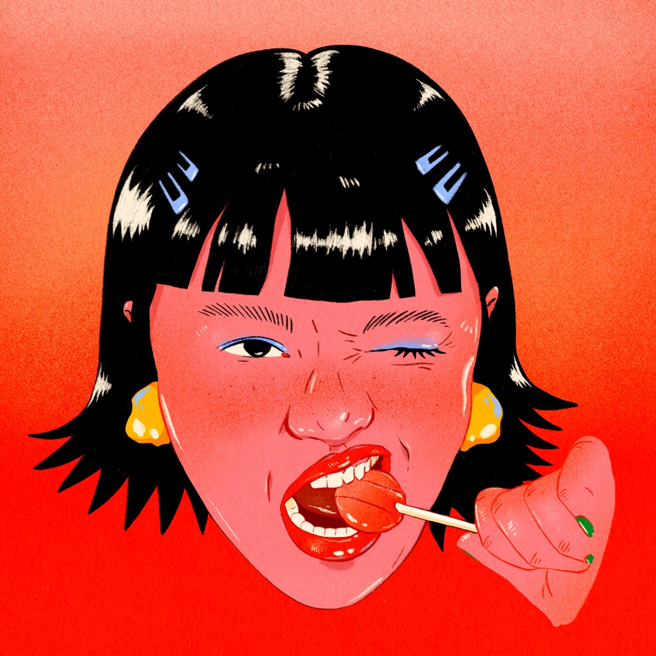 Illustration of a person with black hair and blue eye makeup against a coral background, with one eye open and one closed, holding a red lollipop in their mouth and wearing yellow earrings