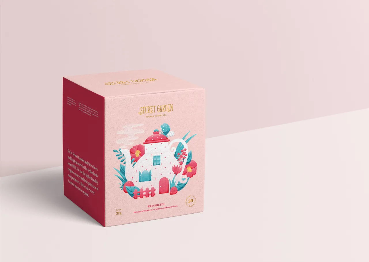 Secret Garden tea brand packaging designed by Noa Maller, featuring a pink box with an illustration of a teapot-shaped house surrounded by colourful flowers and foliage