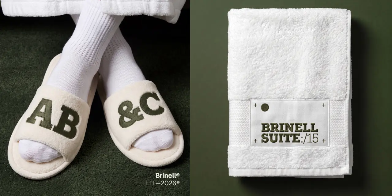 Cream-coloured slippers with AB&C branding on the left, paired with a folded white towel labelled Brinell Suite/15 on the right