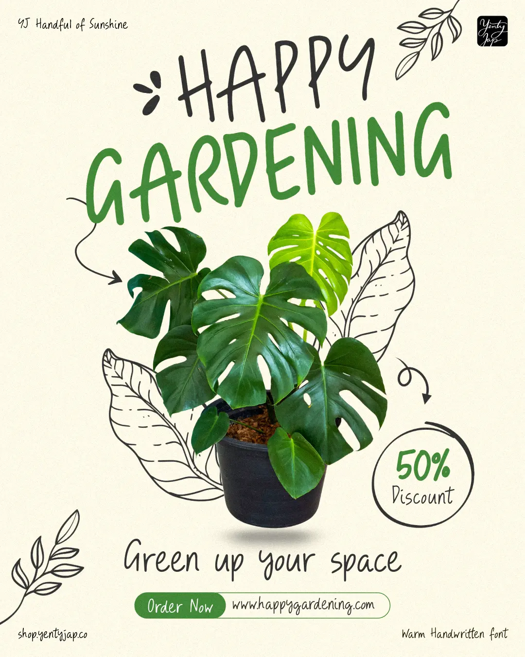Happy Gardening poster featuring a Monstera plant in a black pot with illustrated leaves and handwritten text offering 50% discount
