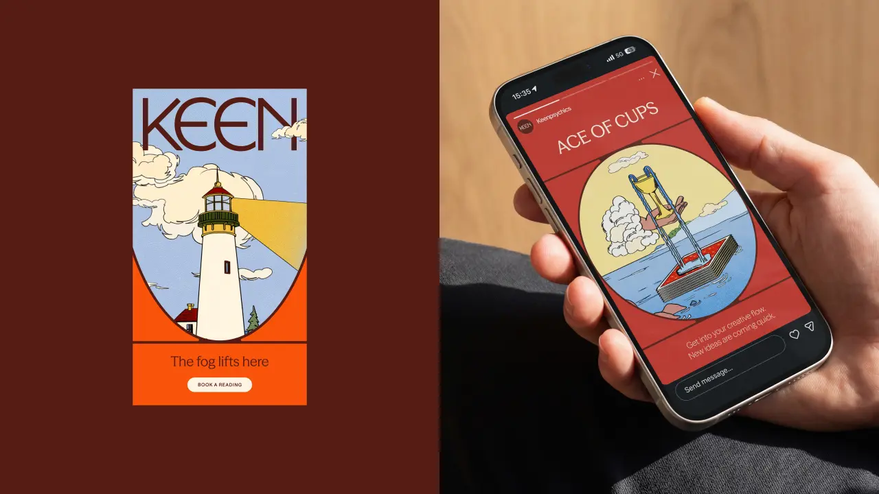 Keen's rebranded logo on left showing a lighthouse with "KEEN" text, and on right a smartphone displaying the Ace of Cups tarot card from the new design system