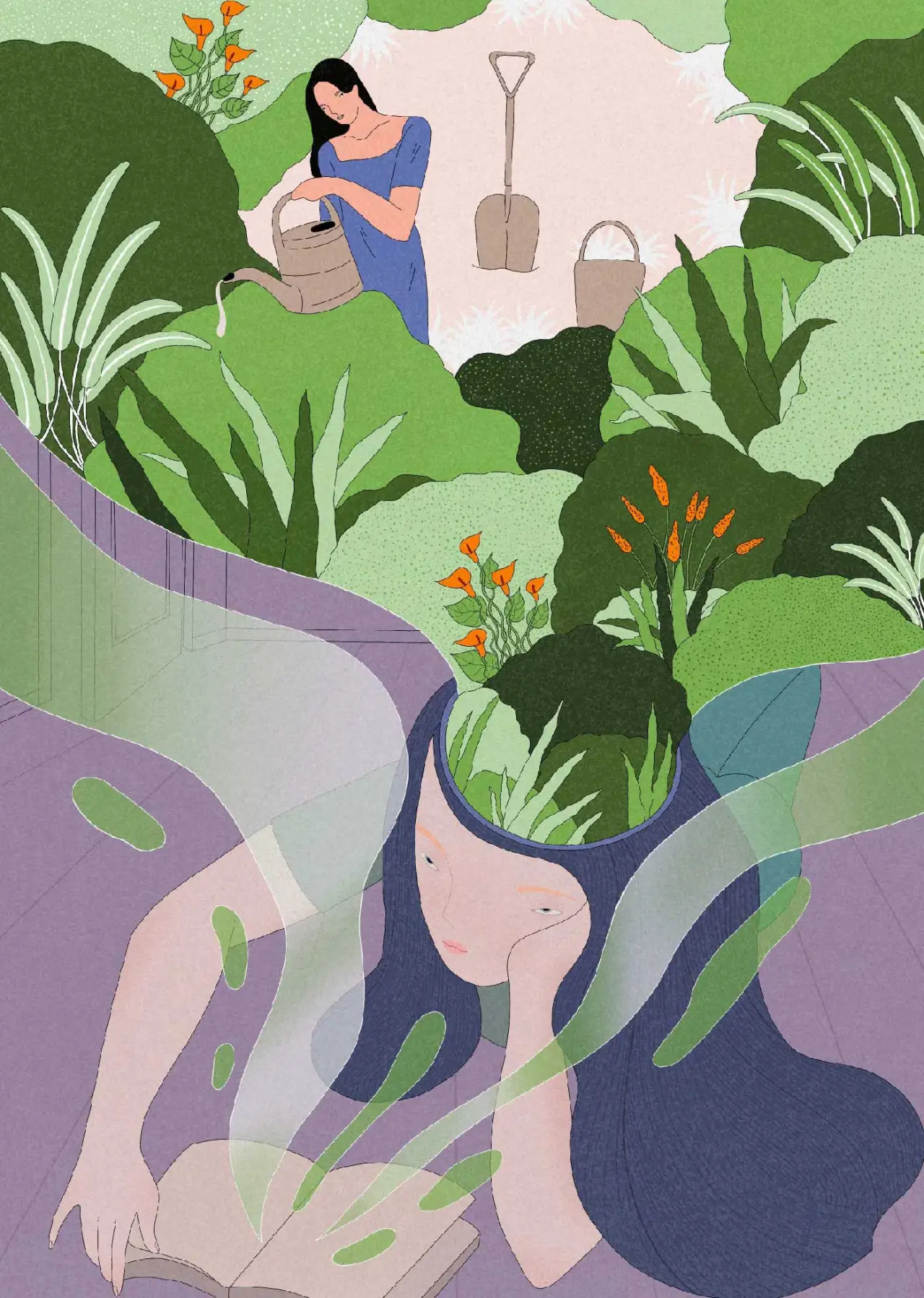 Woman watering plants growing from her own head, surrounded by potted plants and garden tools in an illustration exploring solitude and self-care