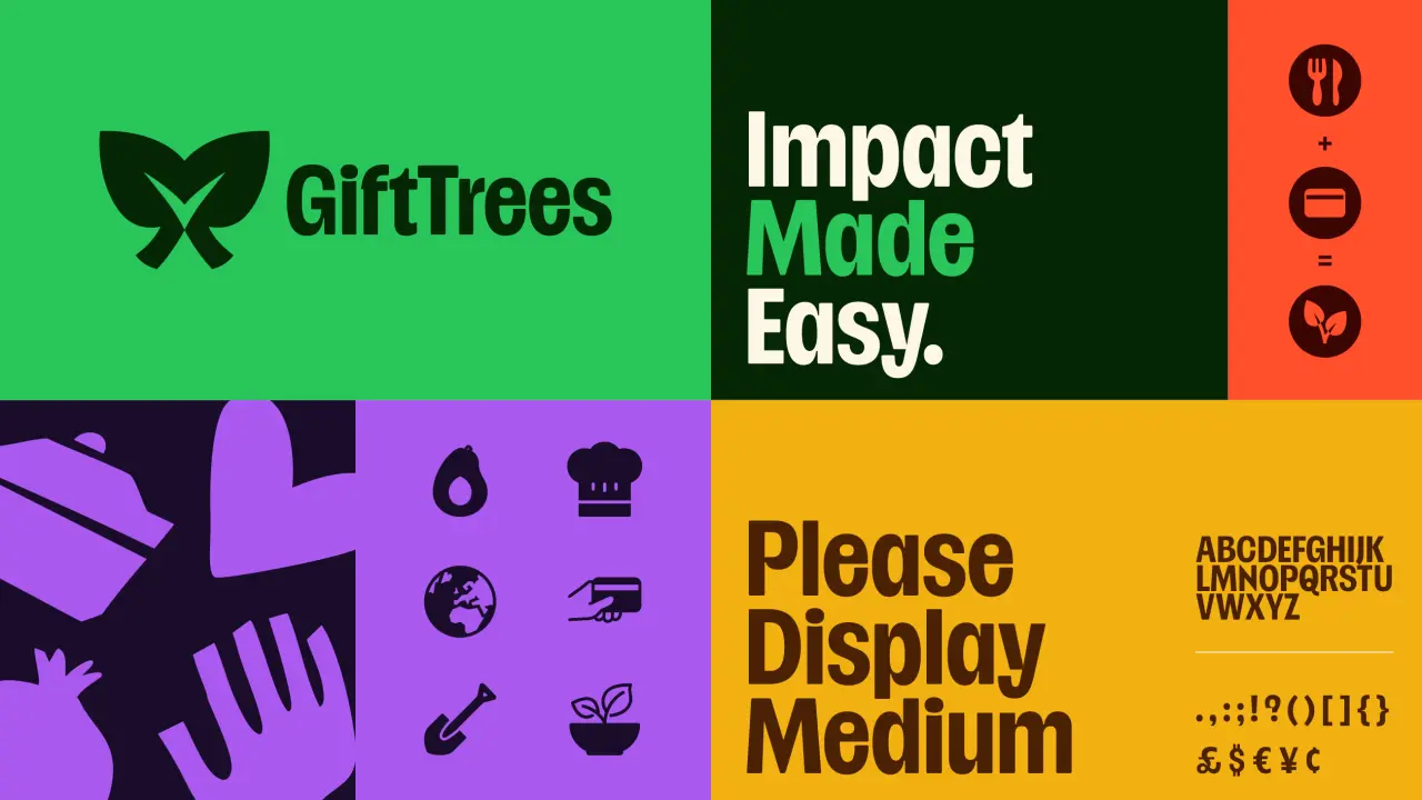 GiftTrees branding toolkit displaying the logo, tagline "Impact Made Easy", icon set, Please Display Medium typeface and colour palette in green, purple, orange and yellow