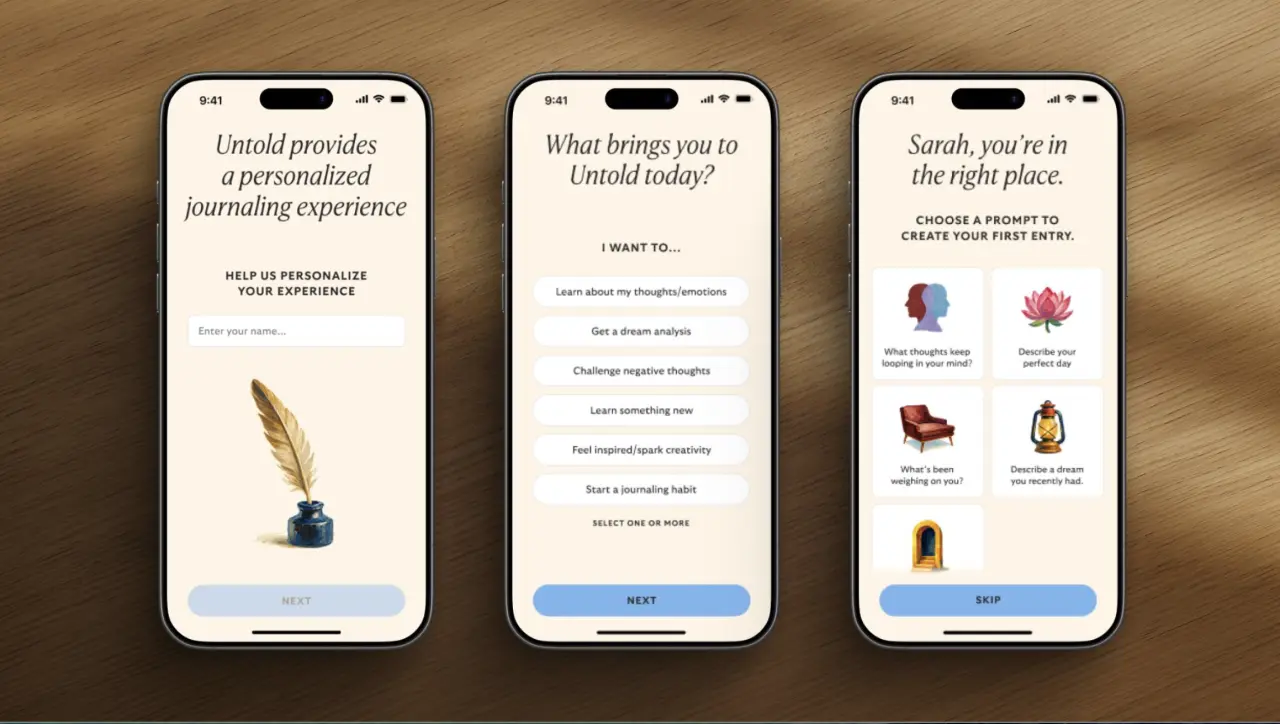 Three smartphone screens showing onboarding screens for the Untold app, displaying personalised journalling prompts, a feather illustration, and options to create a first entry with icon choices