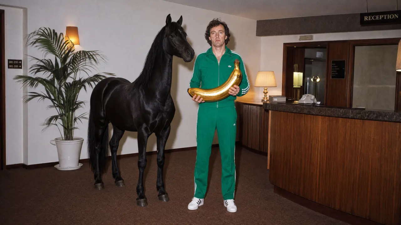 Man in emerald green tracksuit holding a golden trophy stands next to a black horse in a hotel reception area
