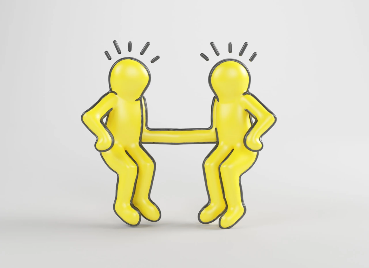Two yellow stylised figures facing each other with bent knees and hands on hips, connected by a horizontal line forming the letter H, inspired by Keith Haring's artwork