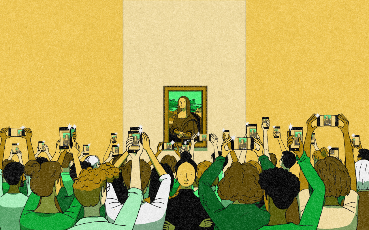 Crowd of museum visitors from behind, holding up smartphones to photograph the Mona Lisa painting on a gallery wall