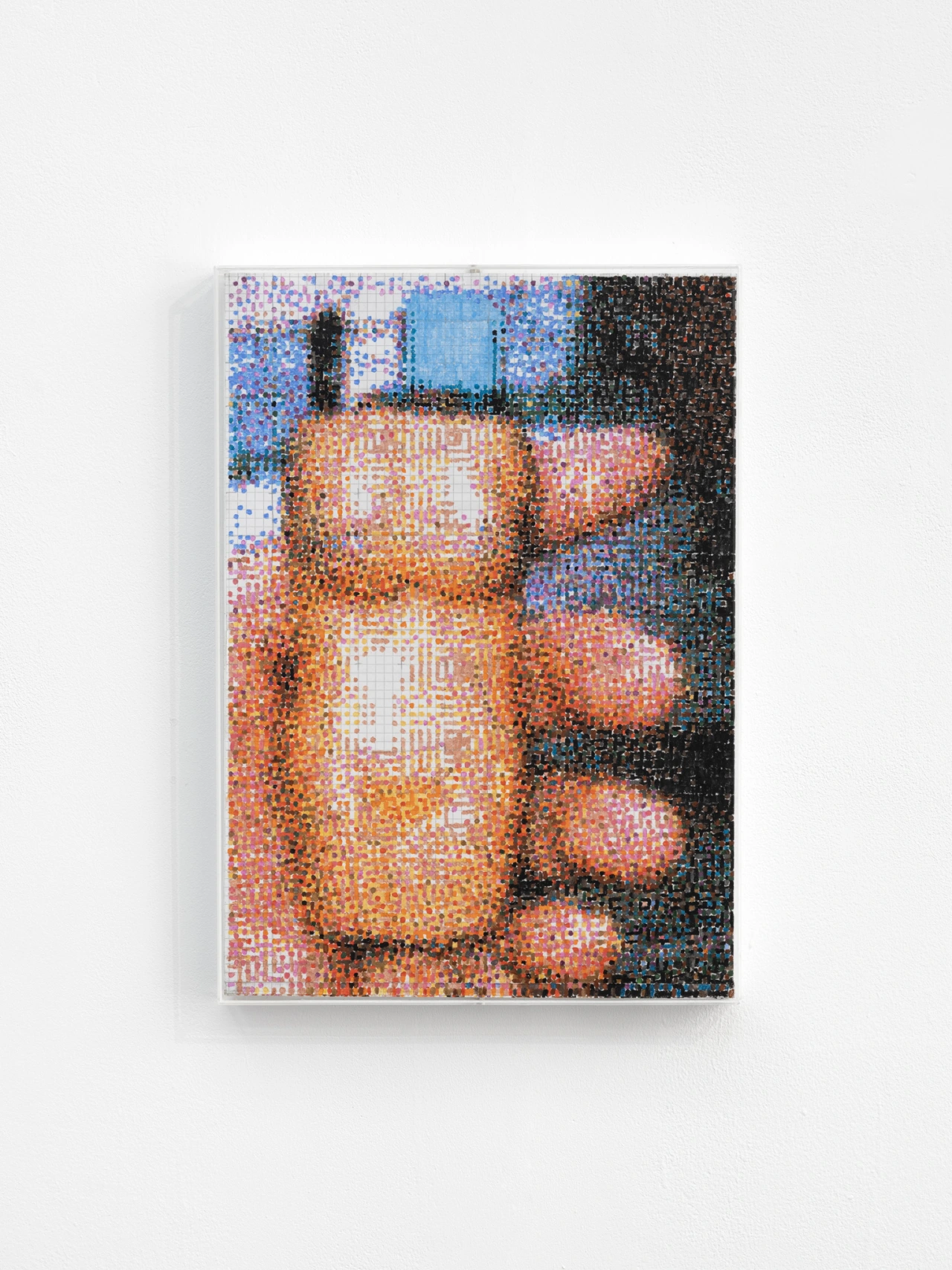 Pixelated painting of a terracotta-coloured lighter rendered in tiny coloured squares against a dark background, viewed from above