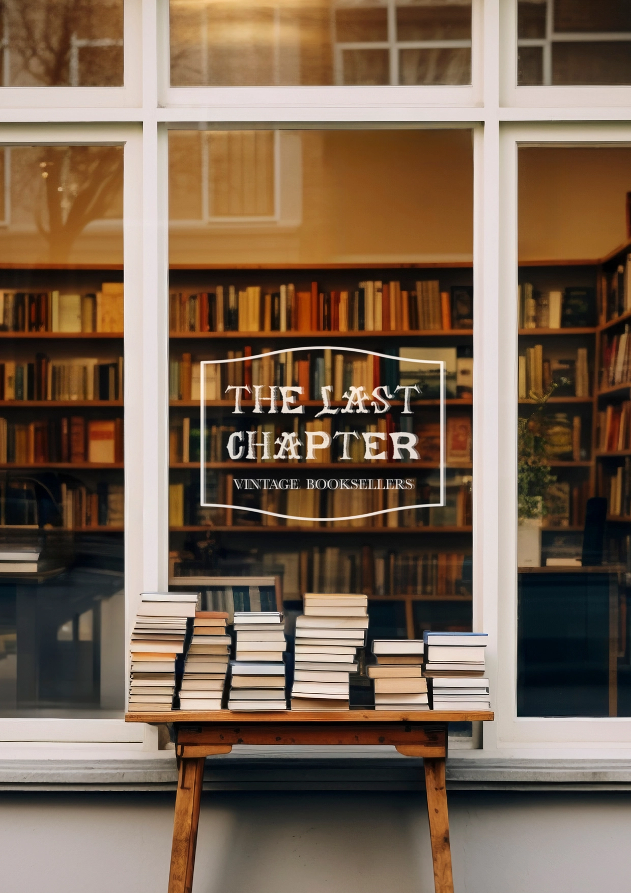 White storefront window displaying "The Last Chapter Vintage Booksellers" signage with shelves of books visible inside and stacked books on a wooden bench below