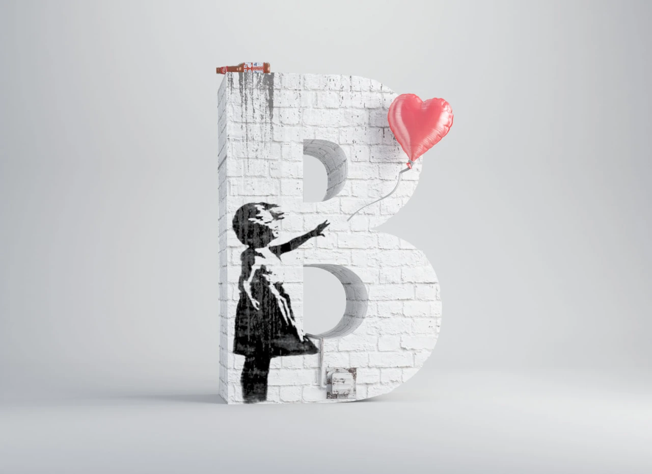 Stencilled silhouette of a girl reaching towards a pink heart-shaped balloon on a white brick textured letter B, inspired by Banksy's Girl with Balloon artwork