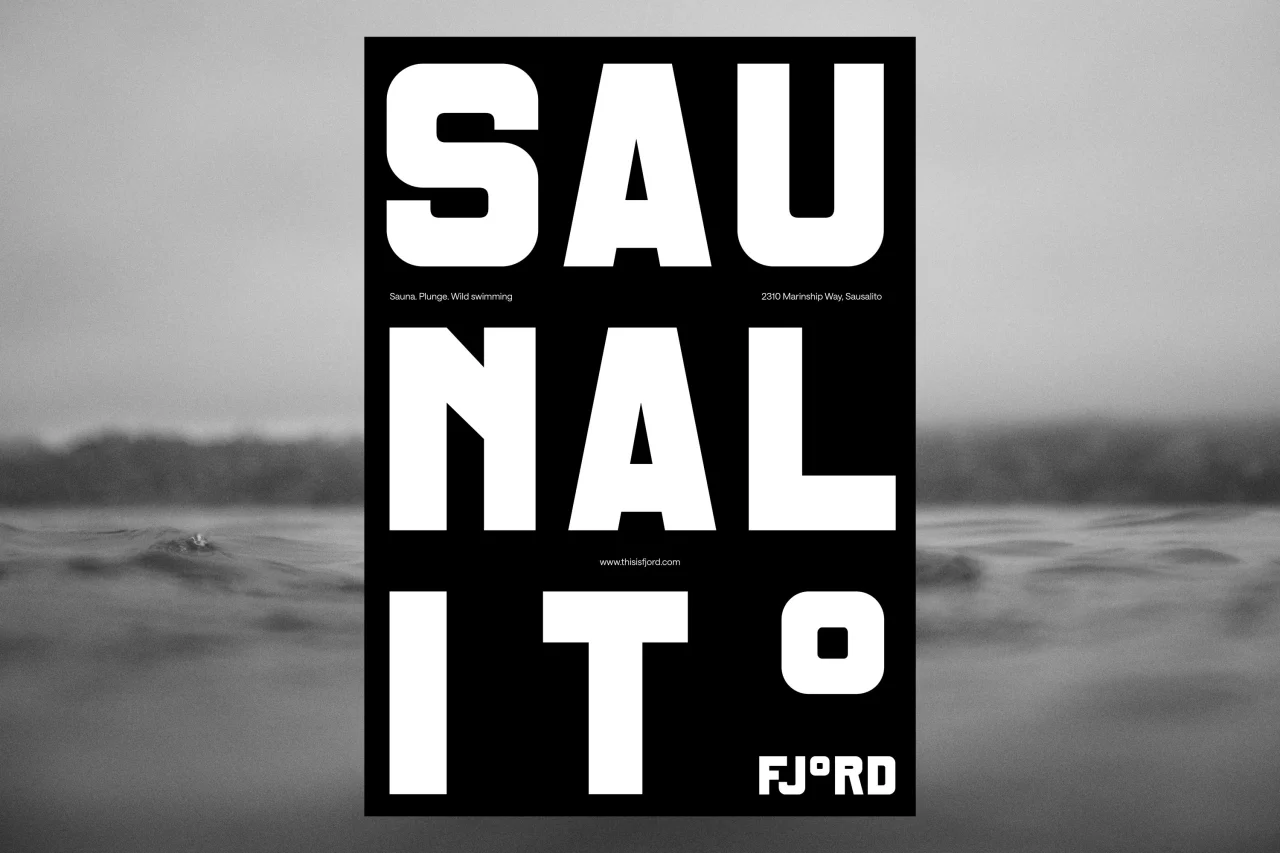 Bold black and white poster for Fjord with large stacked typography spelling "SAUNA LT O" against a misty bay landscape background