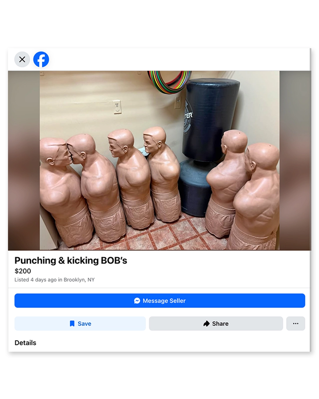 Six terracotta-coloured punching bags with human torsos displayed in a row in an interior space, listed for sale on Facebook Marketplace