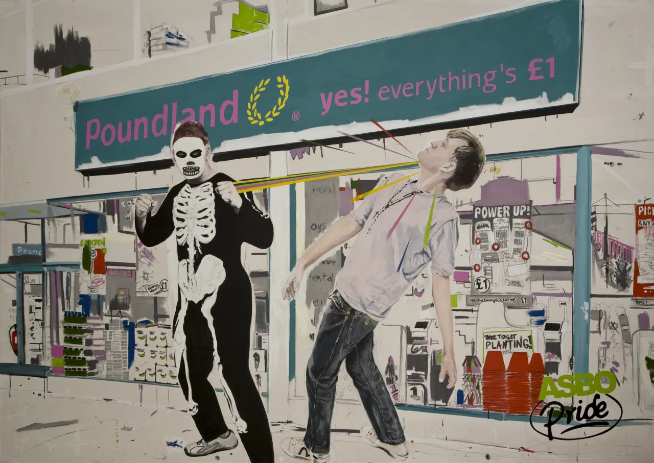 A POUNDING OUTSIDE POUNDLAND (or how my nose got its wonk), acrylic & charcoal on canvas, 240x170x7cm, 2010 © Stuart Semple