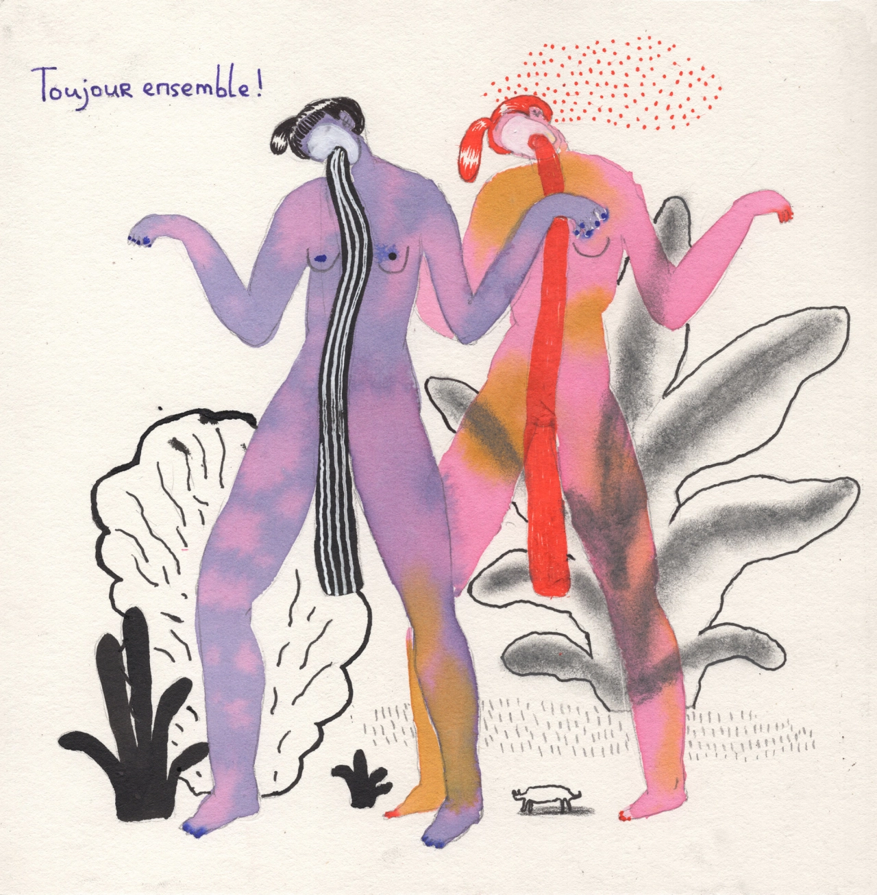 Two stylised female figures with wavy limbs in purple and multicoloured tones, surrounded by abstract leaf shapes, with French text reading "Toujour ensemble!" above