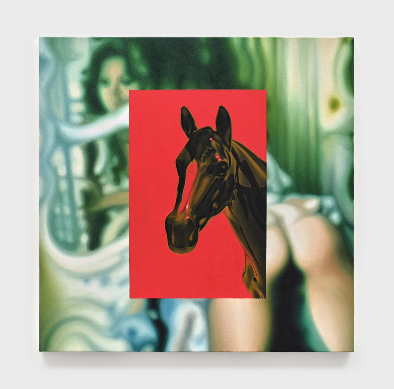 A glossy painting of a dark horse's head on a bright red background, mounted over a blurred green and white photograph