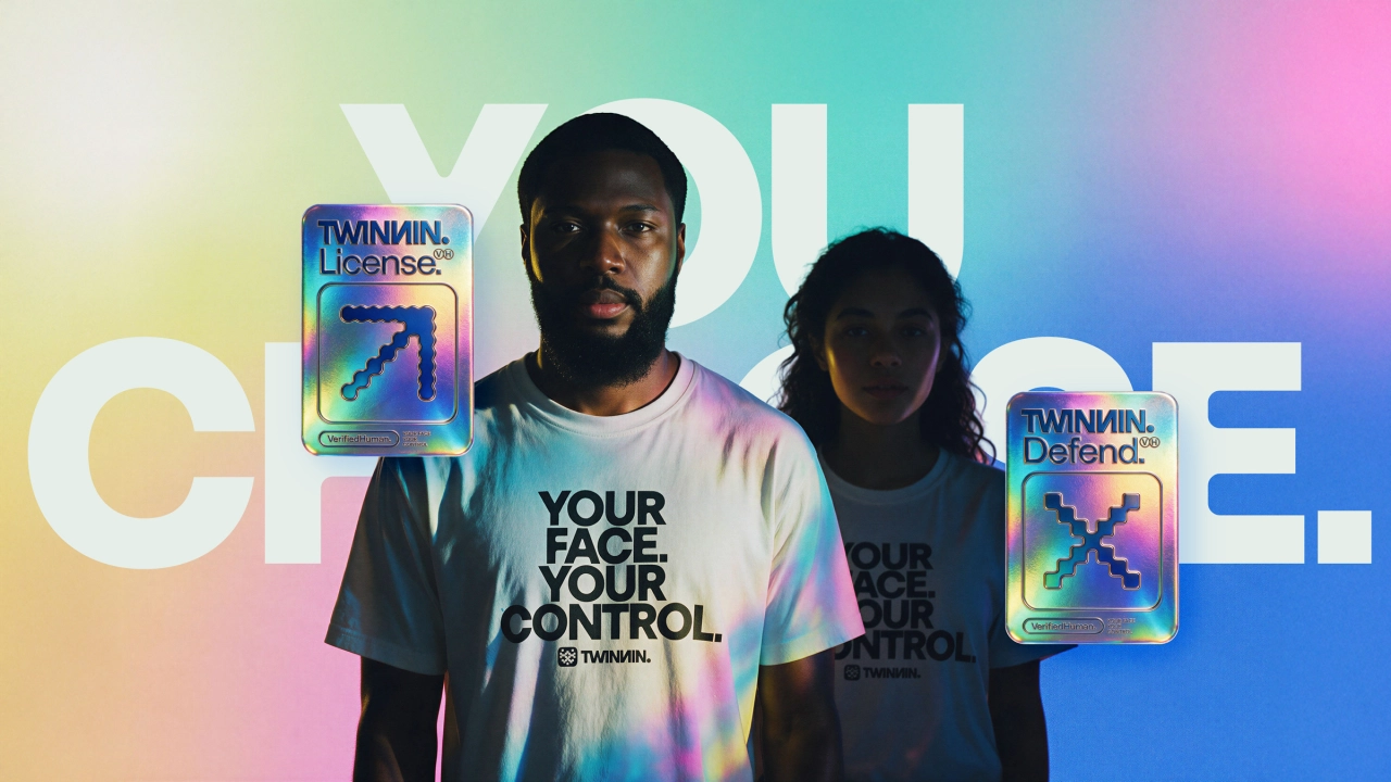 Two people wearing tie-dye shirts stand against a pastel rainbow gradient background with large white text and Twinnin's Human Verified and Defend product badges displaying the platform's logo