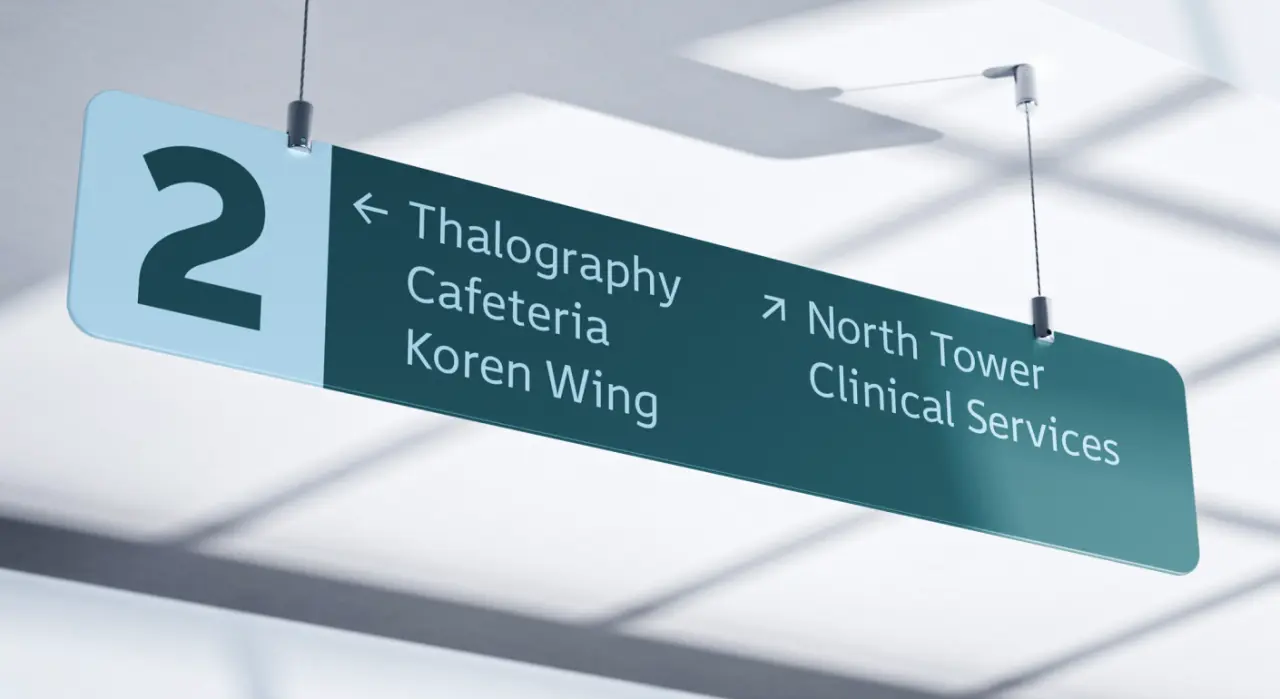 Suspended wayfinding sign with light blue panel marked "2" and dark teal directional panel listing Thalography, Cafeteria, Koren Wing, North Tower and Clinical Services