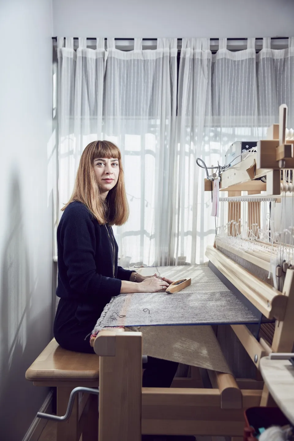 Maria Sigma, London © Allun Callender. "Textile designer and weaver Maria says her work is inspired by the colour palette of the British landscape. Using British wool and drawing on her Greek heritage, she creates minimal, contemporary pieces."
