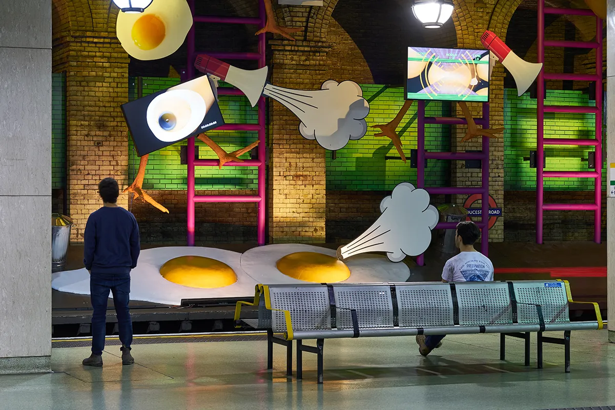 Heather Phillipson, my name is lettie eggsyrub, Gloucester Road station, 2018. Commissioned by Art on the Underground. Photo: G.G. Archard