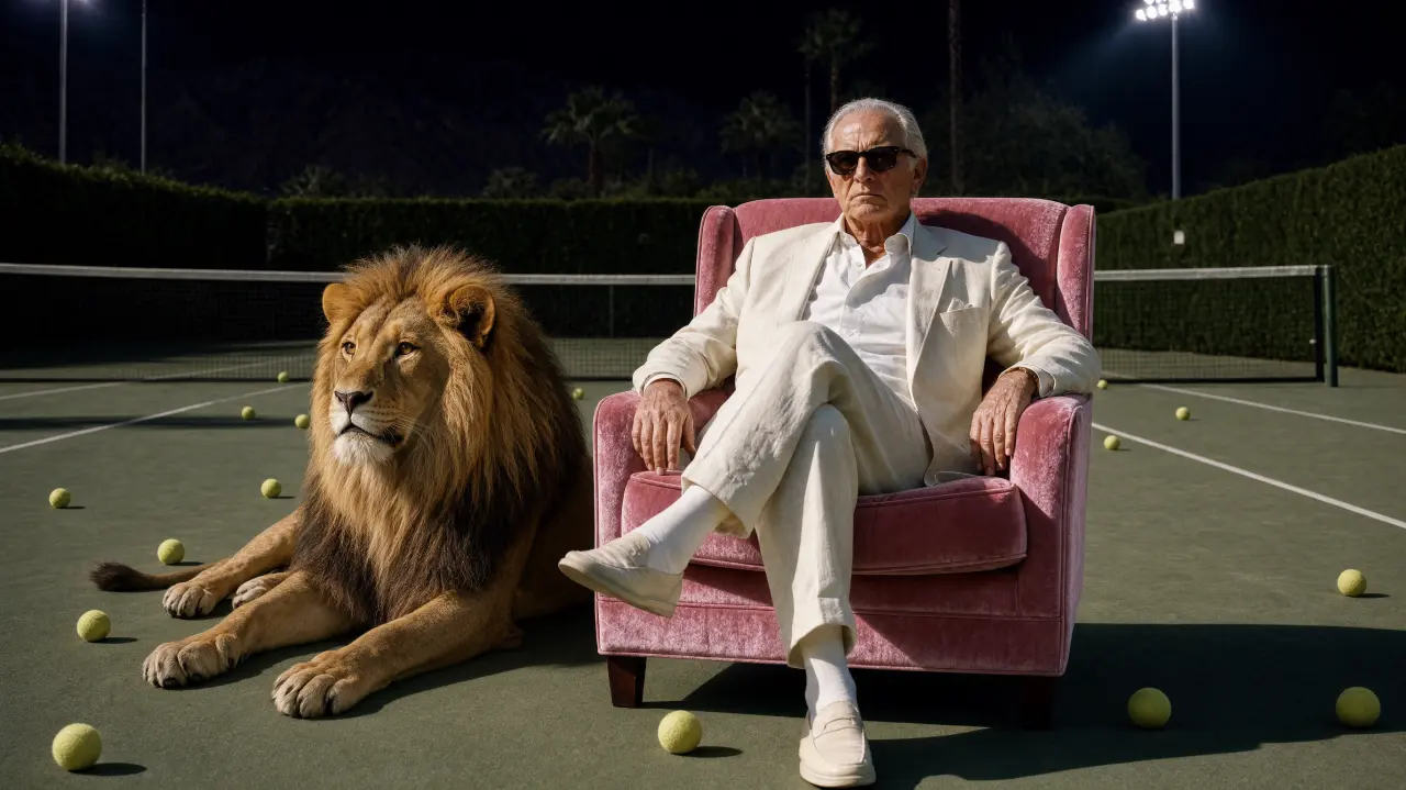 Man in white suit and sunglasses sits in pink armchair next to a lion on a tennis court at night under stadium lights, with tennis balls scattered on the ground