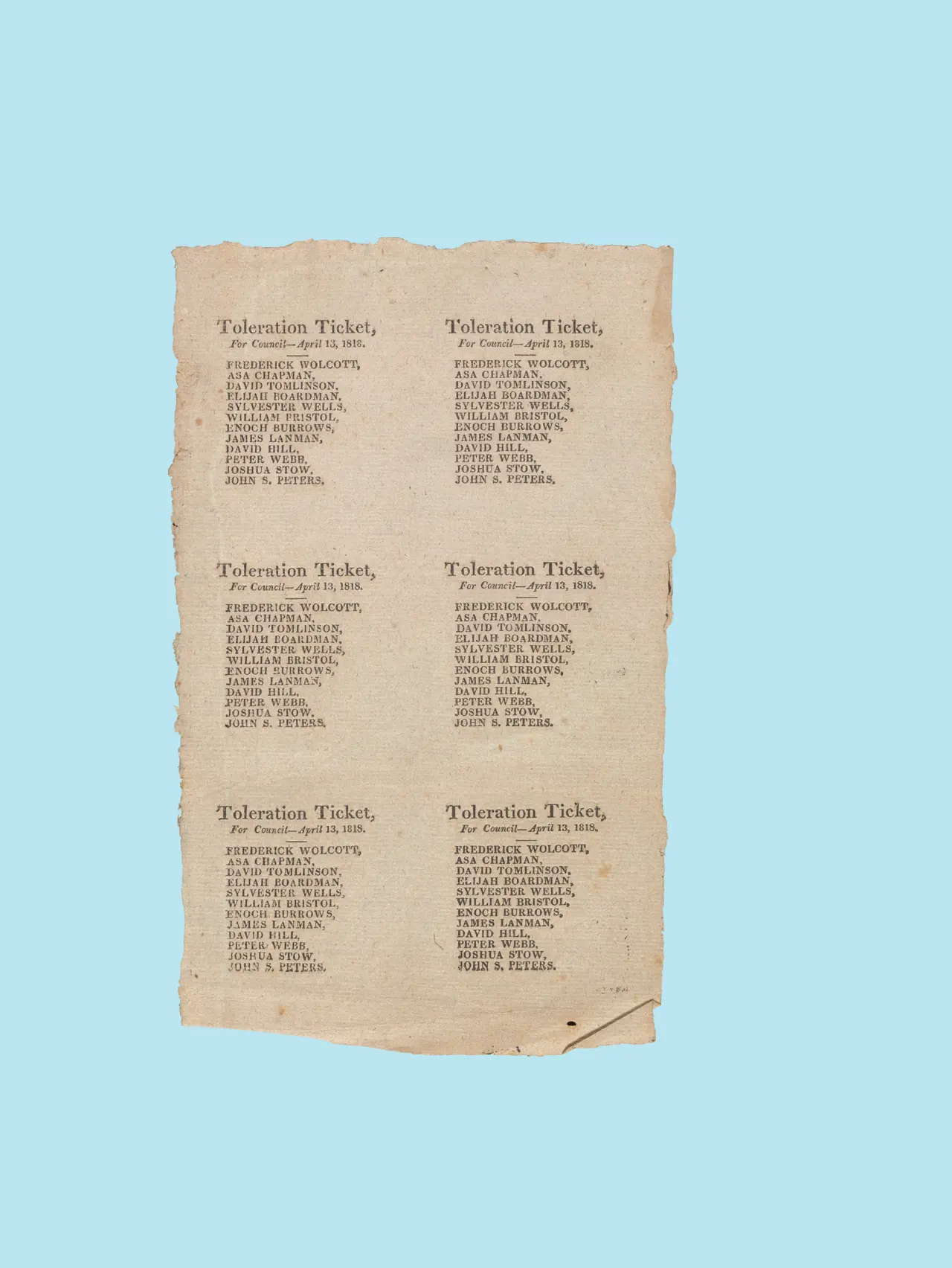 Toleration Ticket, Connecticut, 1818. This early ballot has the party list printed multiple times on one sheet to save paper. The individual tickets would have been trimmed and distributed to voters.