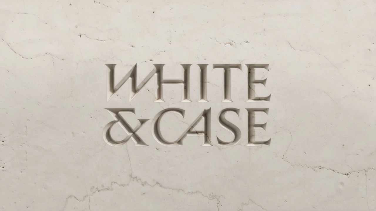 White & Case logo in kinetic serif typeface on textured marble background in Catalyst Blue