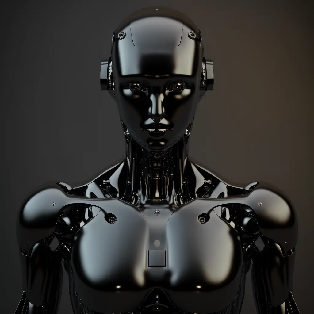 Image created by Interstate using MidJourney. The prompt was: Frontal portrait, black robot dummy image with no eyes or mouth
