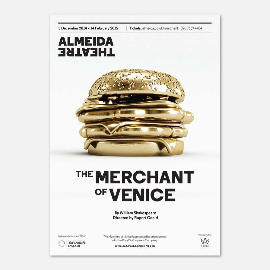 Gold metallic burger stacked with layers against white background, theatre poster for The Merchant of Venice at Almeida, directed by Rupert Gould