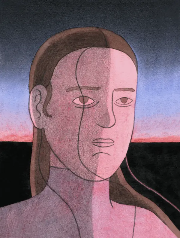 Abstract portrait of a figure with pink and brown tones, divided face with geometric line work, against a twilight landscape horizon