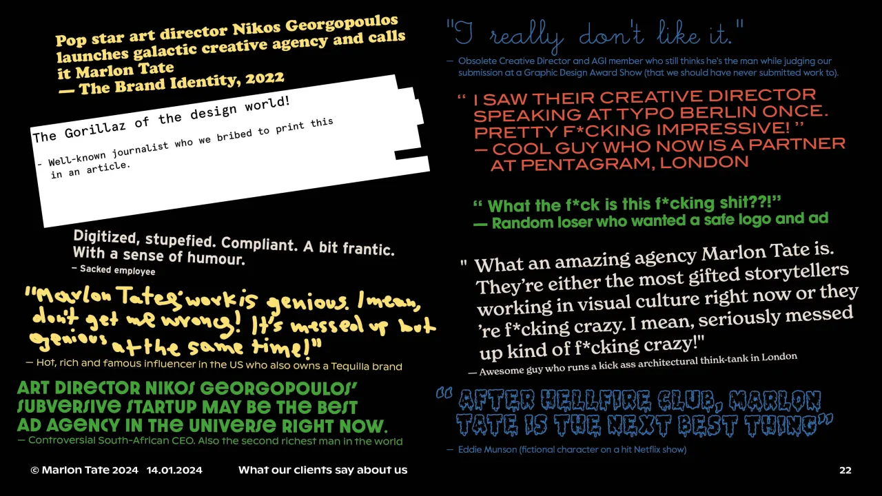 Marlon Tate: ‘What clients say about us’ slide (© Marlon Tate)