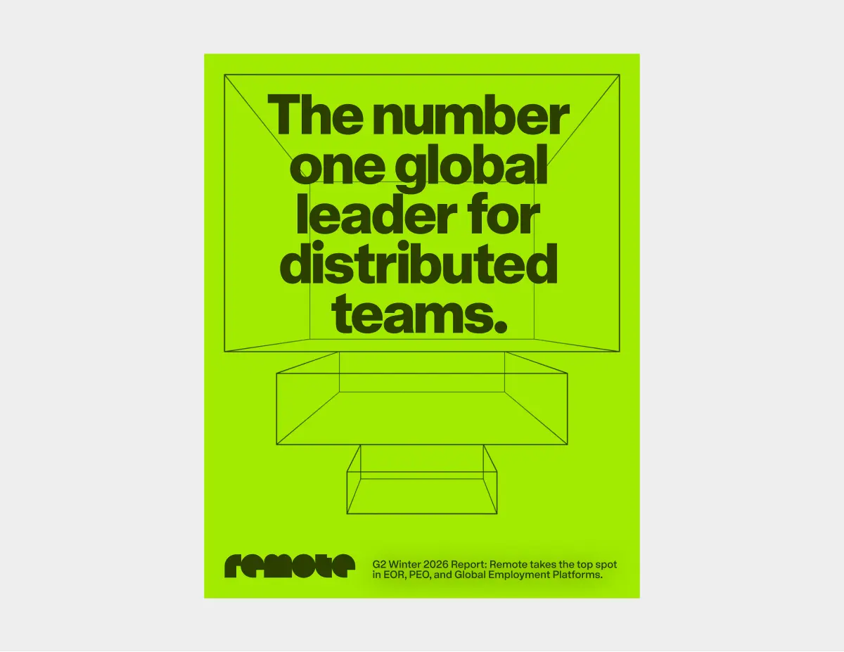 Bright lime green poster featuring bold black text reading "The number one global leader for distributed teams" with geometric line-drawn stacking boxes below